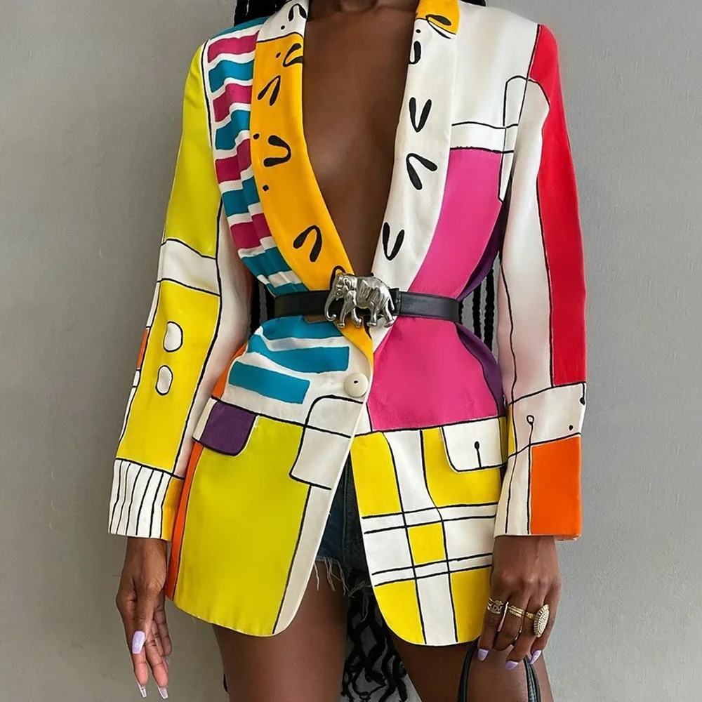

Women Blazers Autumn Vintage Print Full Sleeve Notched Collar Single Button Straight Blazers Coats Office Lady Fashion (No Belt)
