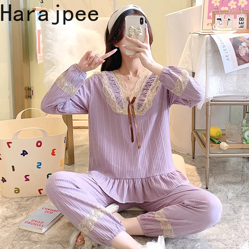 

Новинка 2021, пижама Harajpee, Женский хлопковый костюм из двух предметов с длинным рукавом на весну и осень, домашняя одежда, можно носить, тонкая,...