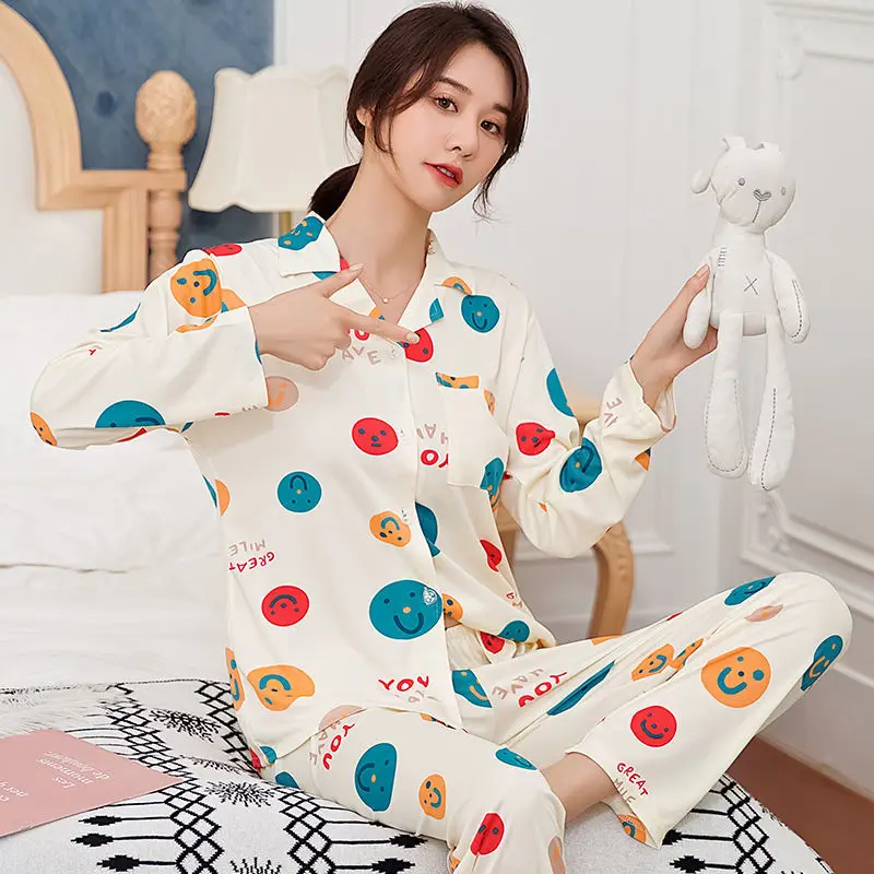 

Pajama Sets Women Cartoon-printed Single Breasted Autumn Thin Leisure Womens Pyjama Homewear Sleepwear Breathable Lovely Kawaii