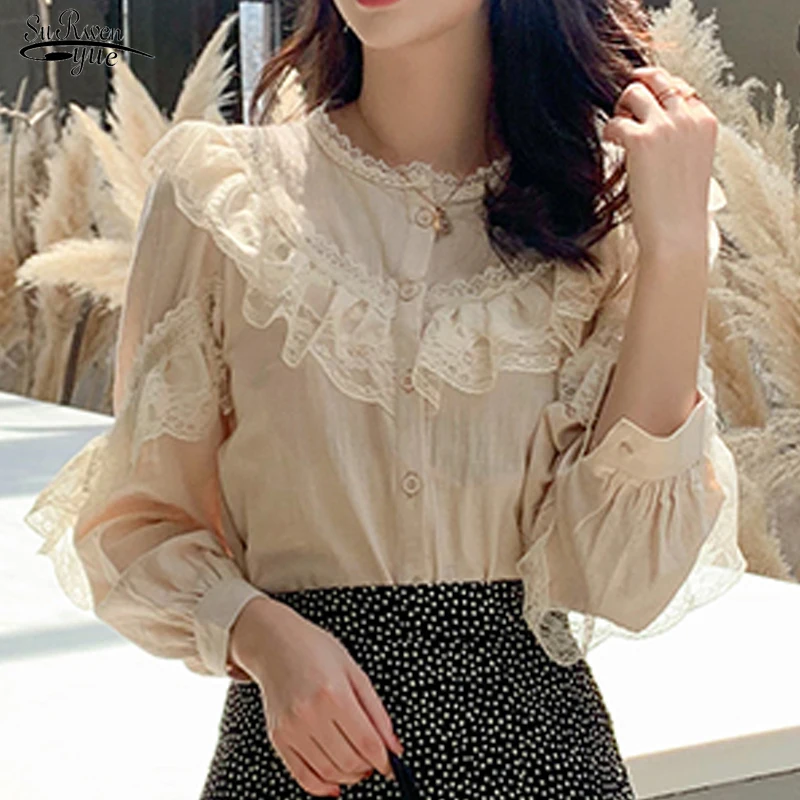 

Spring Solid Lace Blouse Button Stand Top for Women Shirt Elegant Lady Top Fashion Women Top and Blouse Blusas Femininas 8049 50