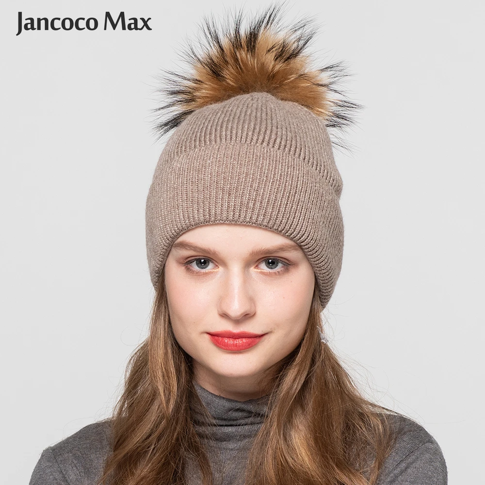 Женские зимние шапки с помпоном из натурального меха енота ангорские меховые