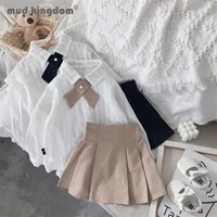 mudkingdom girl skirt dress set fashion long sleeve bow tie lapel blouses solid pleated skirts outfits girls sets spring autumn