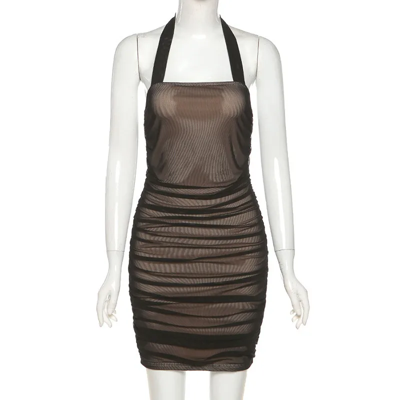 

Ahagaga Patchwork Mesh Women Mini Dress Fashion Halter Sleeveless Strapless Sheath BVodycon Clubwear Women Dresses Female Robes