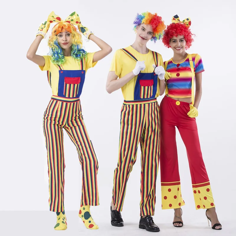 

Carnival Party Halloween Clown Costumes Men Women Rainbow Circus Clown Costume Cosplay Fancy Striped Top Pants Couple