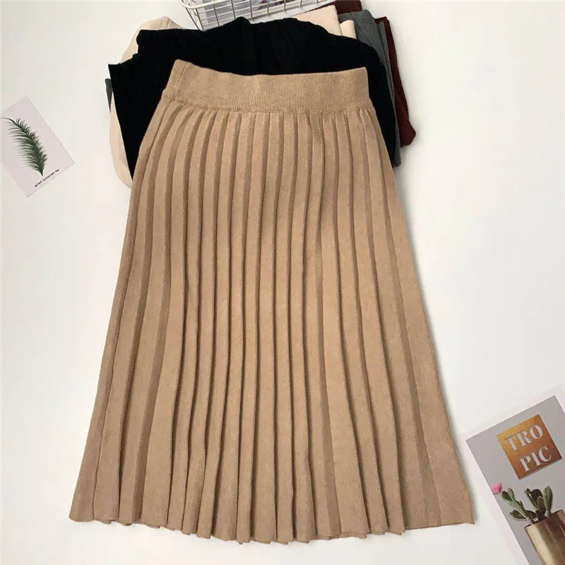 

Женская трикотажная плиссированная юбка, Повседневная однотонная трапециевидная офисная юбка средней длины с высокой талией, Осень-зима ...