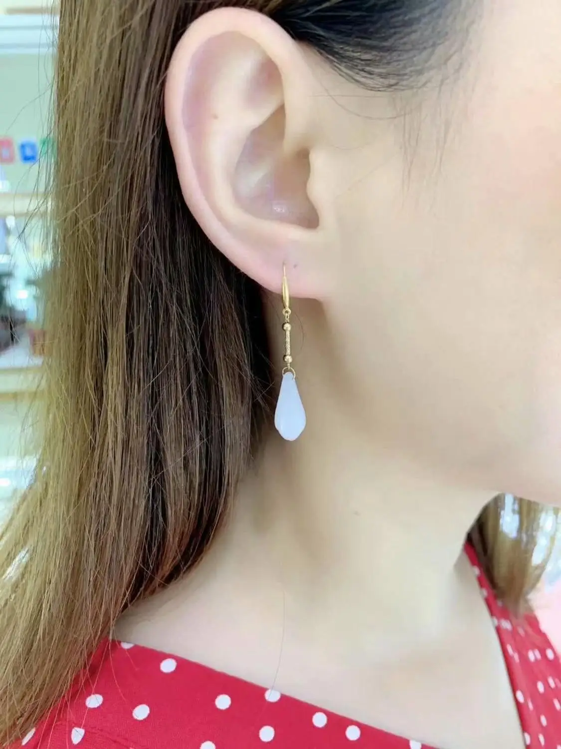 

SHILOVEM 18k yellow gold Natural white Jasper drop earrings classic fine Jewelry women wedding gift new 8*18mm yz0818920hby