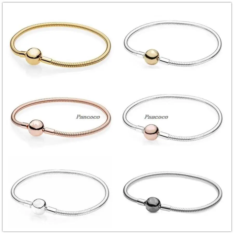 

Authentic 925 Sterling Silver Bracelet Rose Moments Smooth Ball Clasp Snake Chain Bangle Fit Women Bead Charm Fashion Jewelry