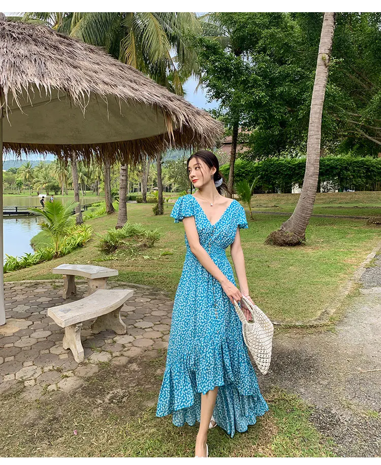 Beachapche  2021 Bohemian Printed Blue Backless Sexy Summer Floral Beach Vacation Dress Female V-neck Irregular Vestidos