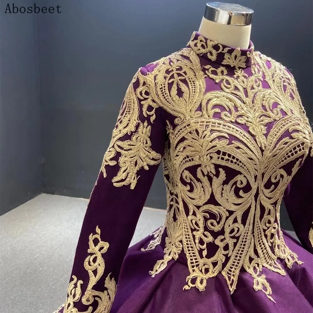 DD JYOY Muslim Long Sleeve Evening Party Dress Ball Gown Gold Lace High Neck Prom Women Wear Lace Up Back Purple Evening Gown
