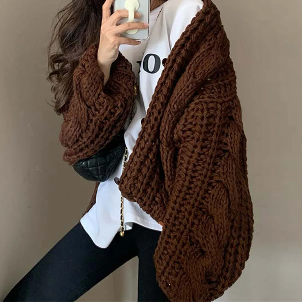 

Women Knitted Sweater Fashion Long Sleeve Cardigan Solid Loose Thicken Autumn Winter Women Sweater Casual OL Commuter Lady Tops