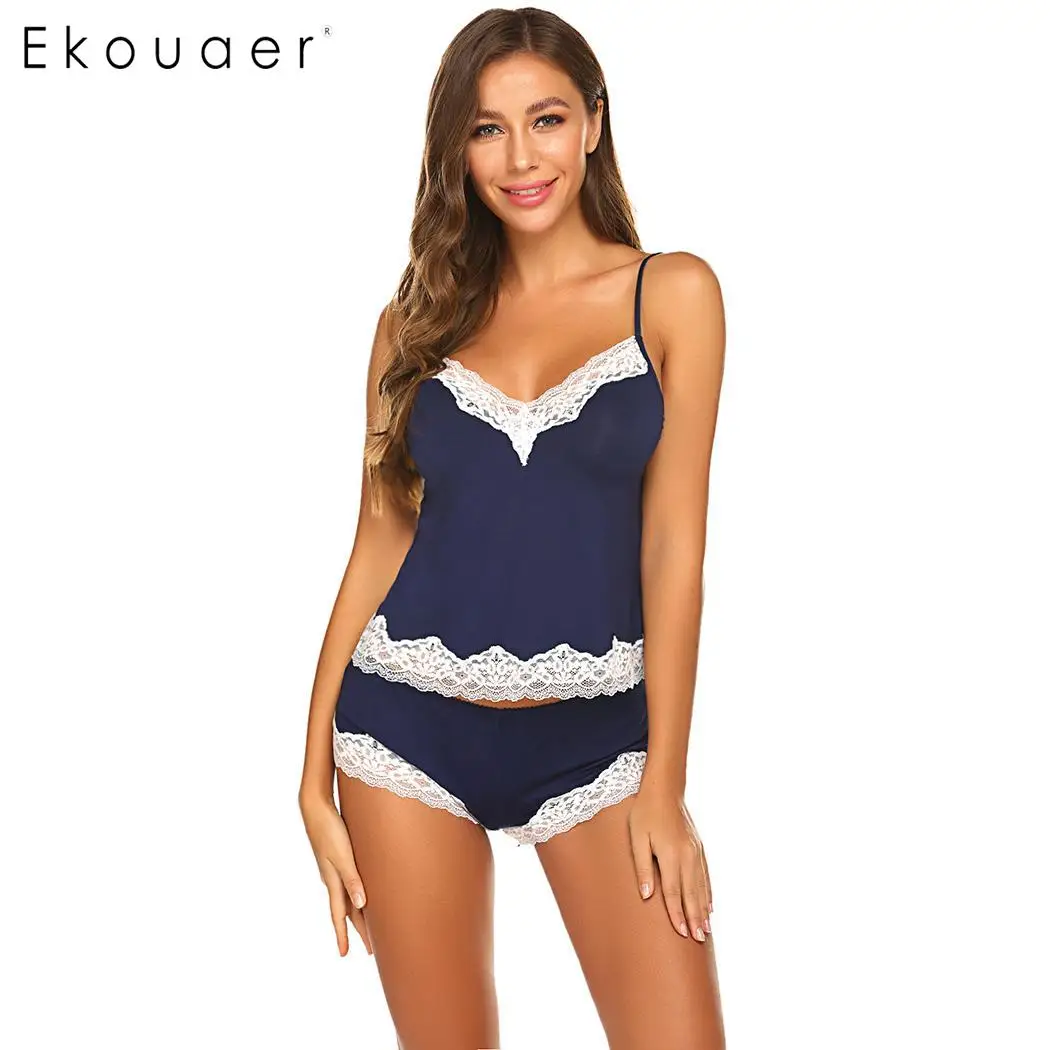 Ekouaer/женский летний пижамный комплект из двух предметов, короткое ночное белье, кружевные лоскутные топы на бретельках, шорты, сексуальное женское белье, Пижамный костюм