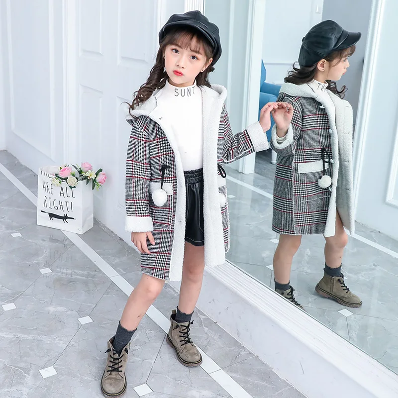 Girls Thick Woolen Jacket Kids Warm Jackets for Winter Plaid Hooded Coat Parkas Outerwear Children Girl Overcoat | Детская одежда и