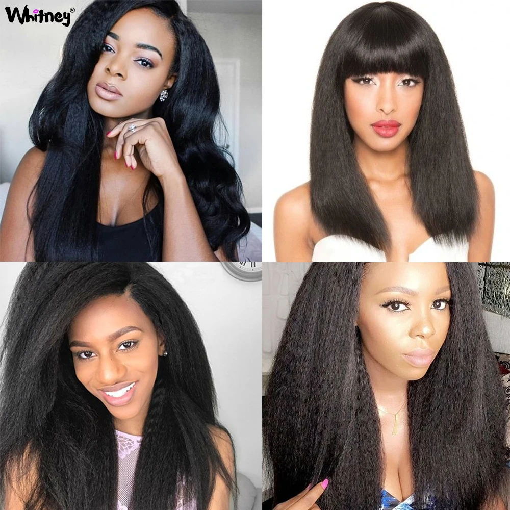 

Kinky Straight Wig With Bangs Full Machine Wig Human Hair Wig Brazilian Hair Remy Hair 30 Inch 180% Density Shuangya Hair