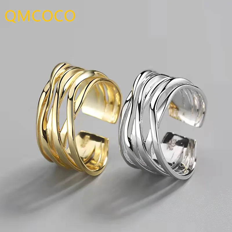 

QMCOCO 925 Серебряные Простые Модные кольца Креативный дизайн многослойная обмотка линии геометрической формы ручной работы для женщин ювелир...