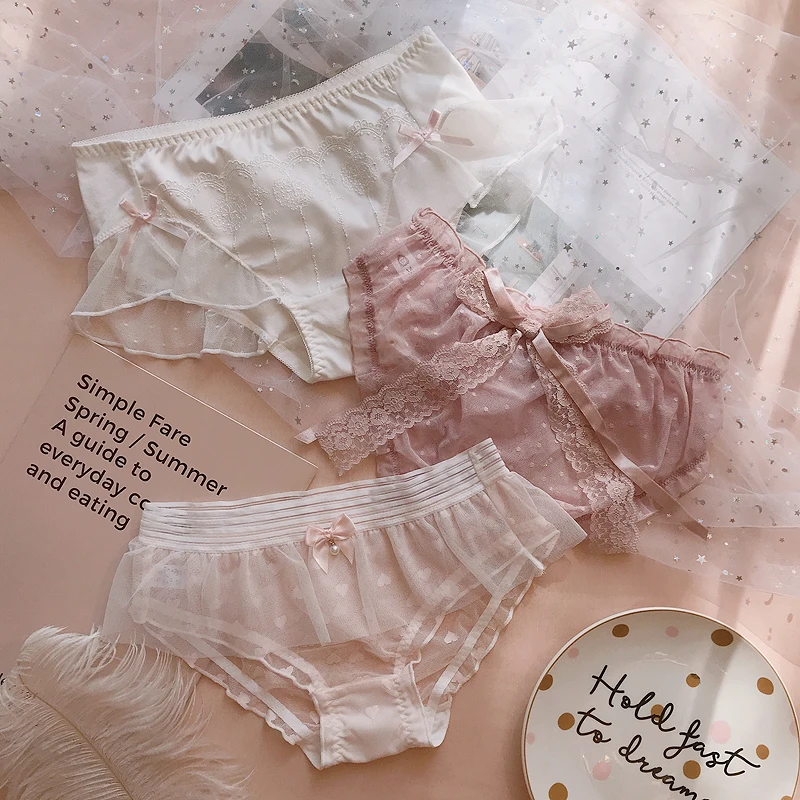 K 3 шт., японские милые Лолиты для девочек, Kawaii Nets, пряжа с бантом, кружевные трусы принцессы с рюшами, Трусы средней длины, маленькое сказочное нижнее белье, трусы - Цвет: K