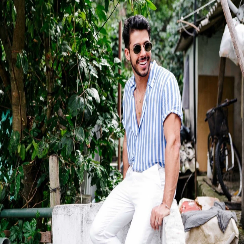 Мужская летняя блуза с коротким рукавом синяя полосатая Ретро Повседневная