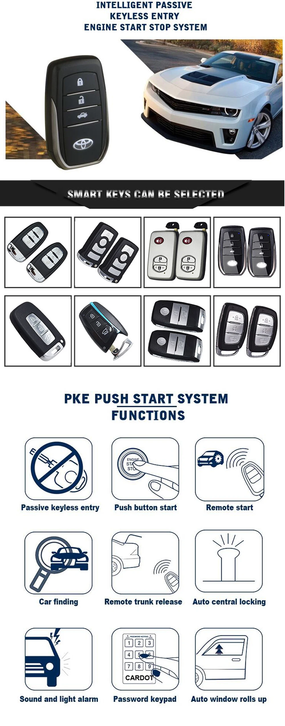 Cardot лучший Авто PKE двигатель push start stop дистанционный стартер двигателя пассивный Автосигнализация без ключа