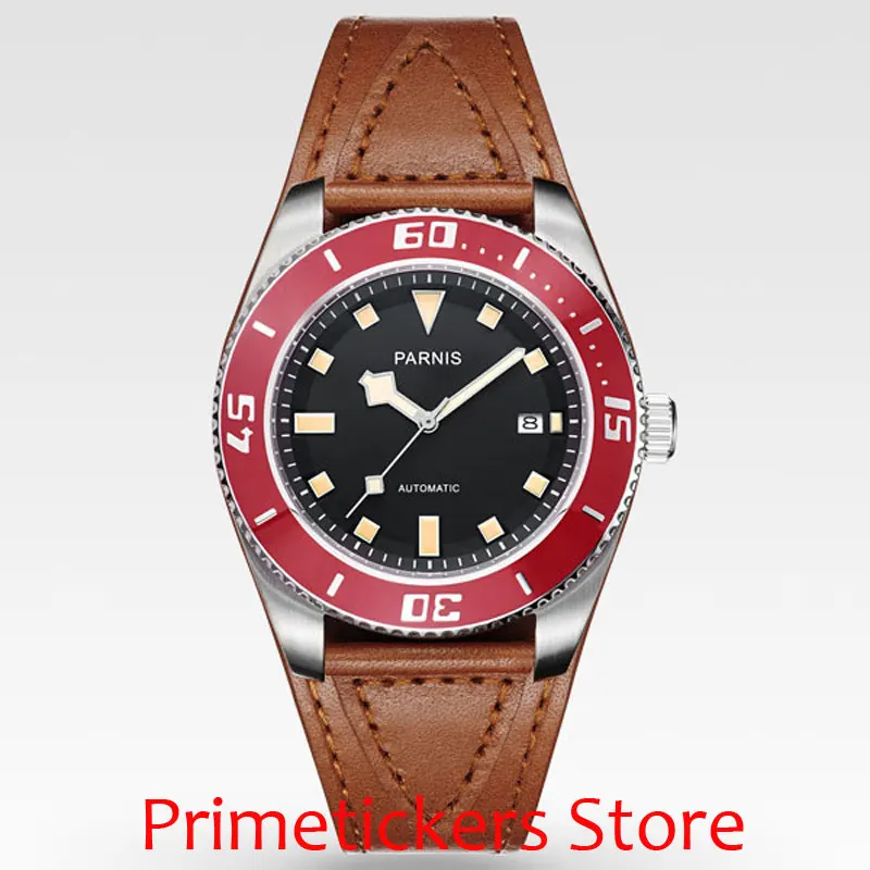 Мужские часы PARNIS с черным циферблатом и автоматическим механизмом красной