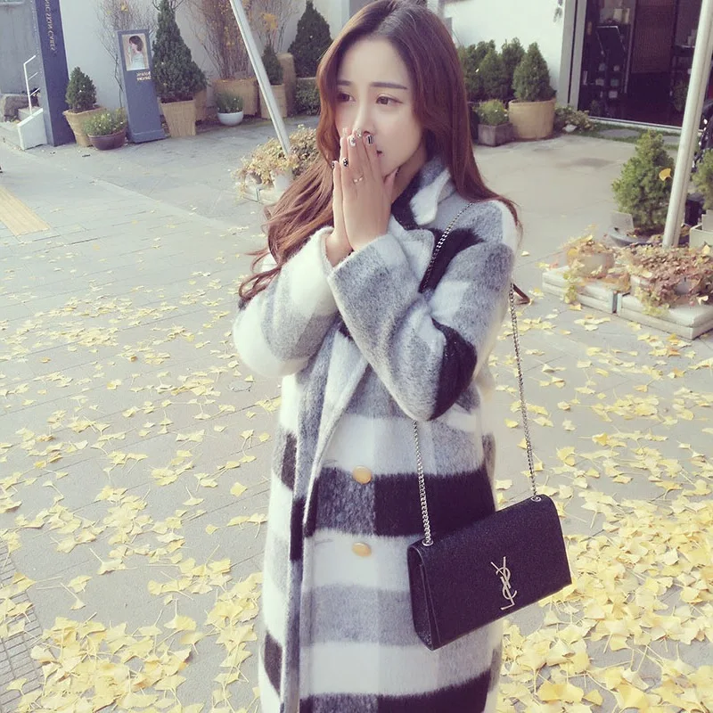 Women Black Grey Plaid Long Coat Sleeve Double Breasted Warm Autumn Winter Overcoat Jacket Big Size New Arrival | Женская одежда