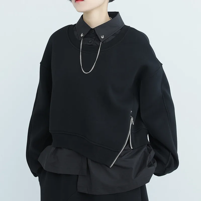 

XUXI Women Fake-Two Splicing Hoodie POLO-Collar Thicken Fashion Stitching Long Sleeve Loose Top Coat Autumn Winter 2021 E4498