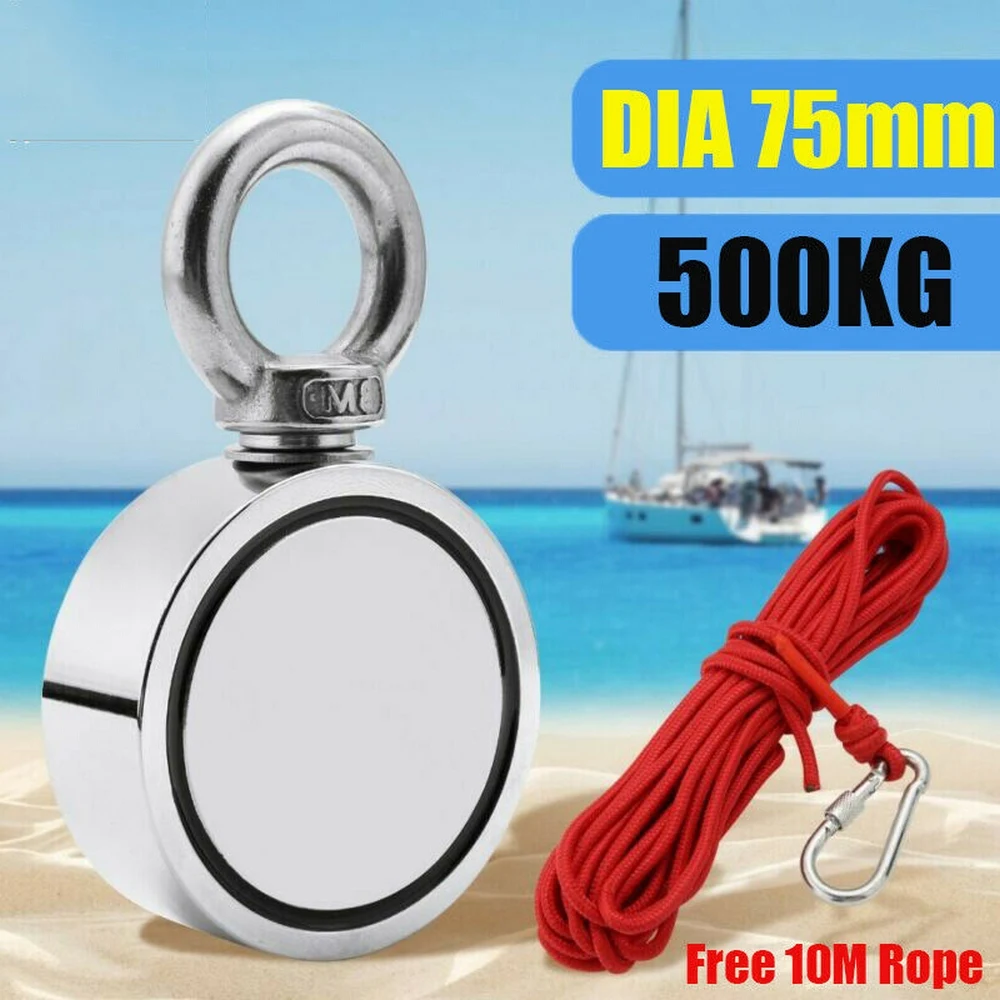 

500KG Strong Neodymium Magnet Double Side Search Magnetic Hook Super Power Salvage Sea Fishing Magnet Holder with 10M Rope