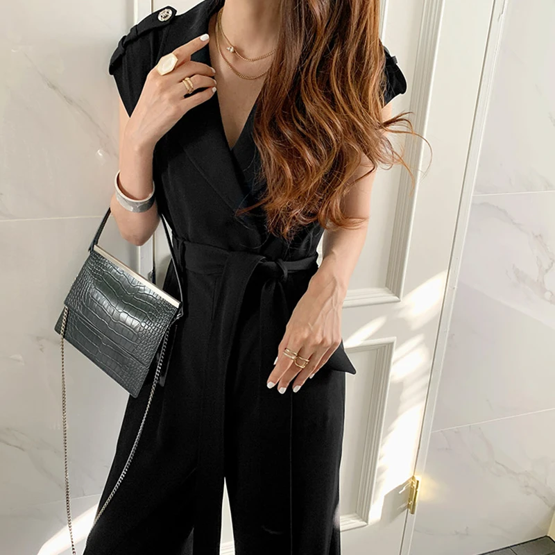 

GALCAUR Green Jumpsuit For Women Lapel Collar Sleeveless High Waist Sashes Loose Minimalist Solid Wide Leg Pants Female 2021 New