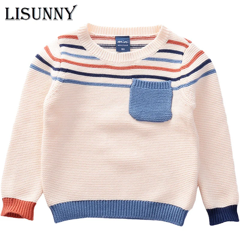 Толстый свитер для мальчиков Осень-зима 2021 детский пуловер в полоску с карманами