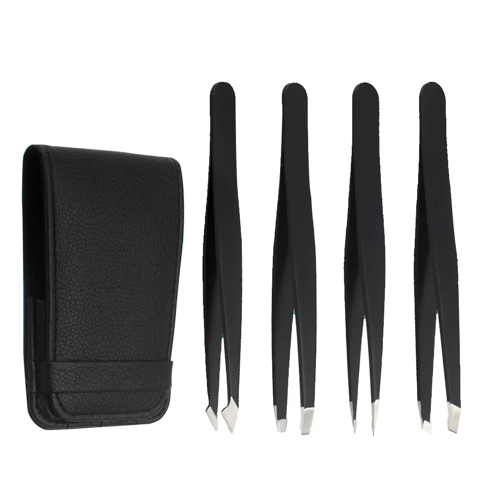 

4 Piece Set Rust-free Hair Removal Slant Tip Eyebrow Pliers With Case Professional Clip Tweezer Polished Stainless Steel