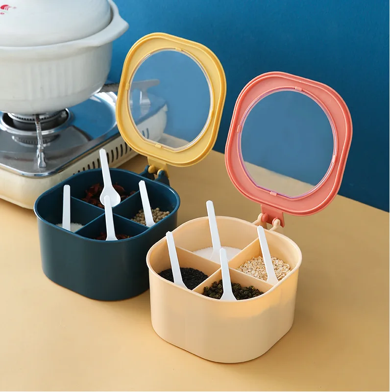 

Seasoning Box Condiment Storage Container Rack Spice Jar 4 Cells With Spoon Spice Box Storage Container Condiment Jars for Spice
