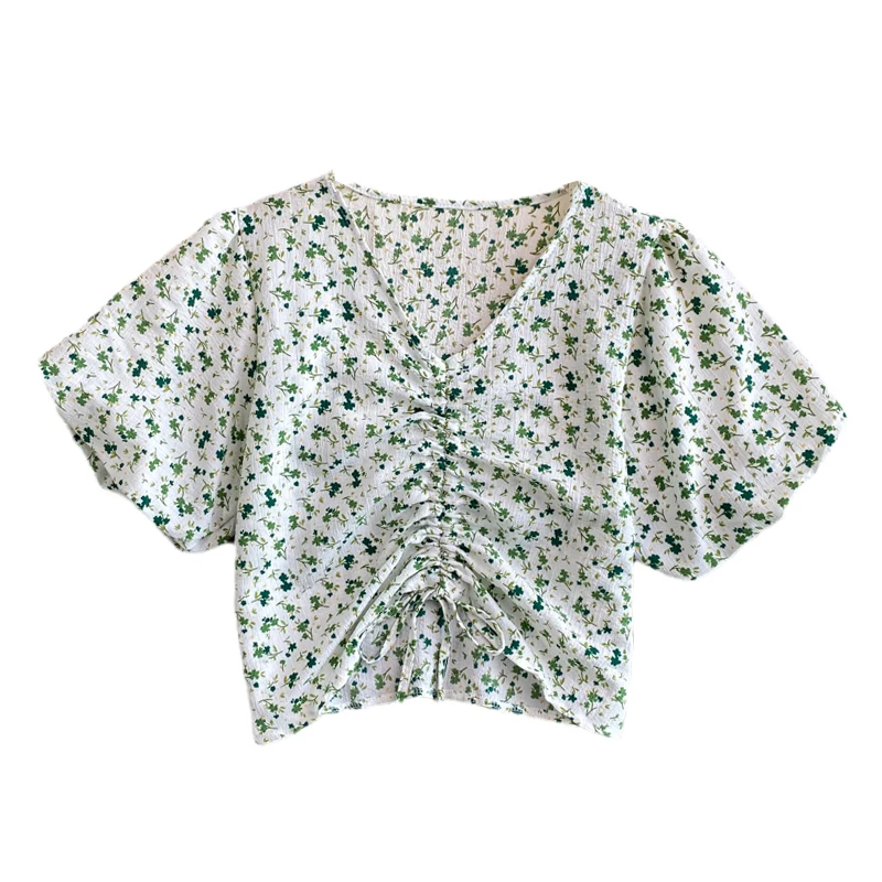 

2021 summer new Korean small fresh V-neck floral shirt French bubble sleeve pleated drawstring jacket