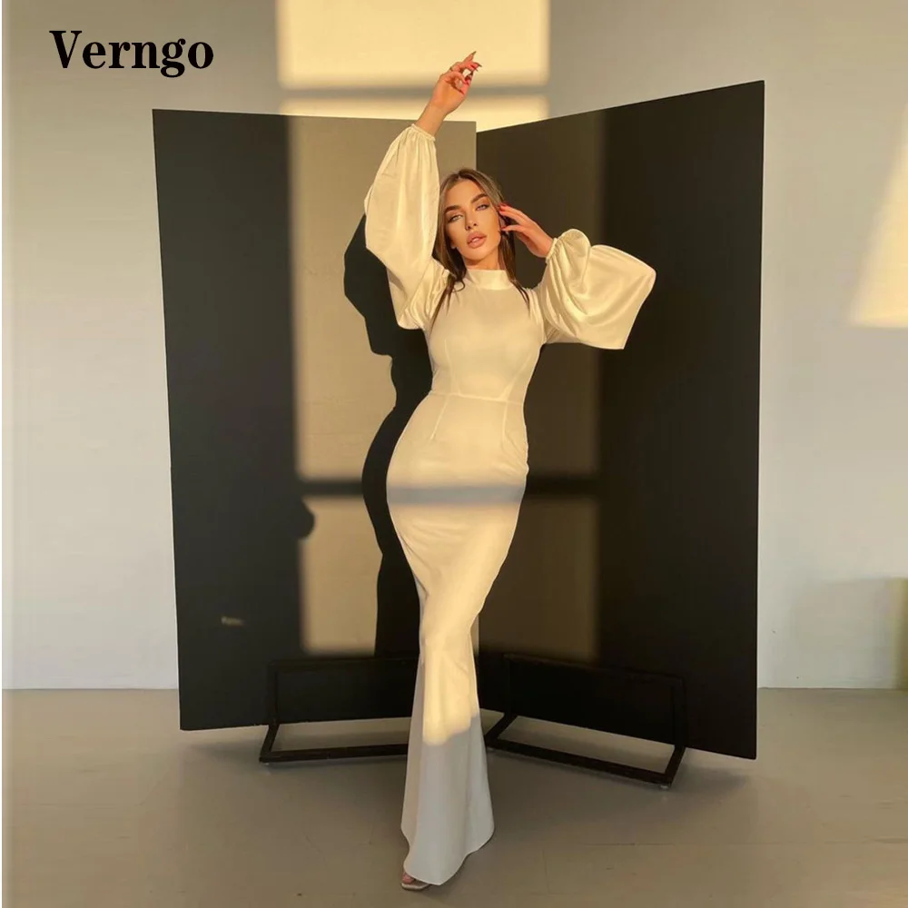 

Verngo Ivory Silk Mermaid Formal Evening Dresses Modest High Neck Puff Long Sleeves Prom Gowns Arabic Simple Bride Party Dress