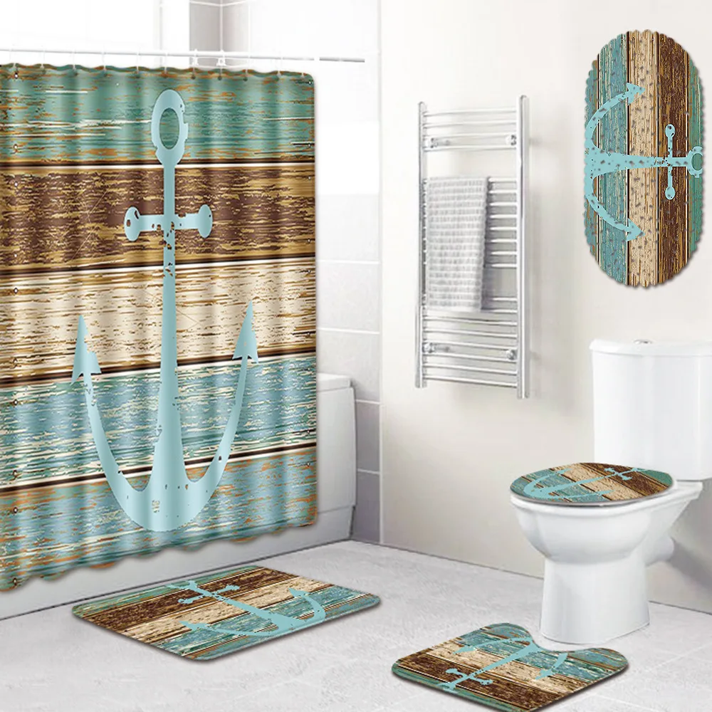 

Bathroom Waterproof Shower Curtain PVC Non-Slip Mats Toilet Cover Five-Piece Door Mat bathroom mat set bathroom mat