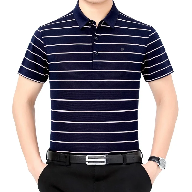 

Pirkasan silk t-shirt men's short sleeve loose middle-aged silk high-end polo shirt summer dad lapel