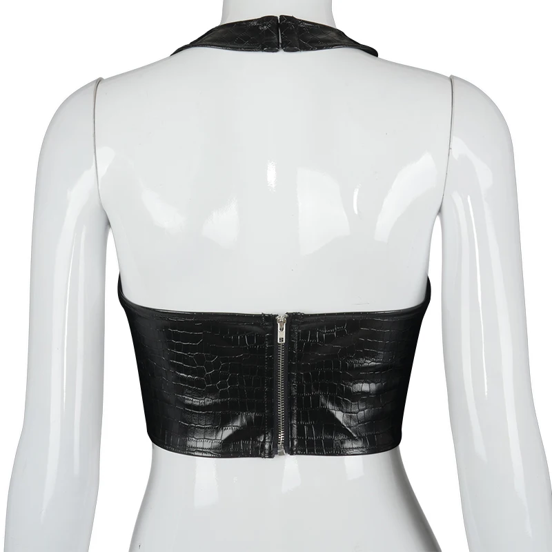 

Fashion Sleeveless Crocodile PU Leather Halter Crop Tops for Women Club Party Backless Sexy Top Cropped Streetwear