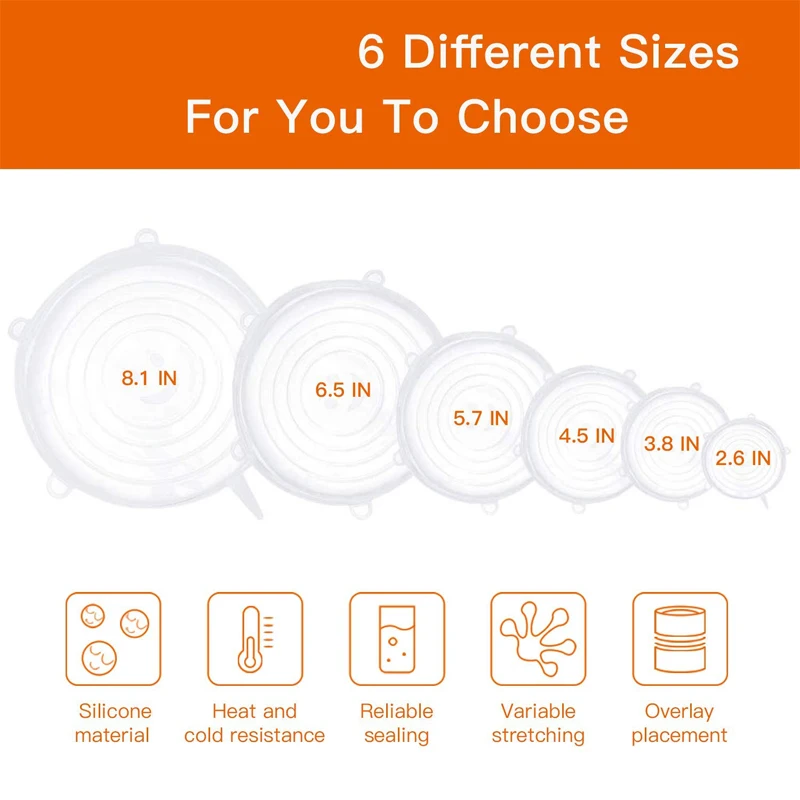 Универсальные крышки для пищевых продуктов 6 шт. многоразовые кухонной