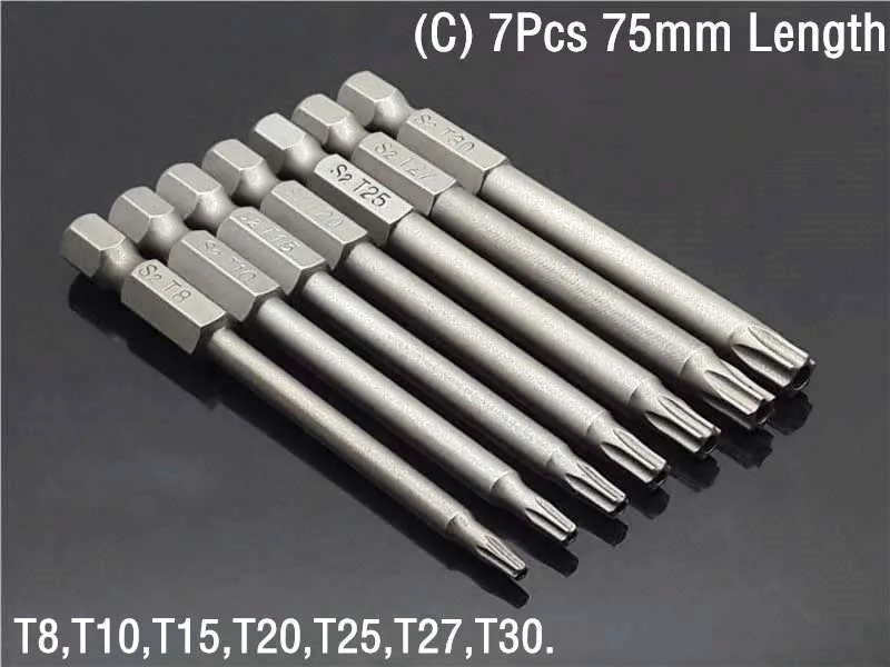 (C)7Pcs 75mm Length 50/75/100/150 мм набор безопасности для защиты от несанкционированного доступа Магнитная отвертка сверло Биты отвертки с шестигранной с плоской головкой 1/" Ручной инструмент - Цвет: (C)7Pcs 75mm Length