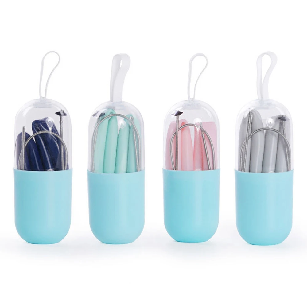 1Pc Reusable Food Grade Silicone Straws Foldable Drinking Straw With Cleaning Brush Storage Box Dust-proof Kid Adult Party Straw