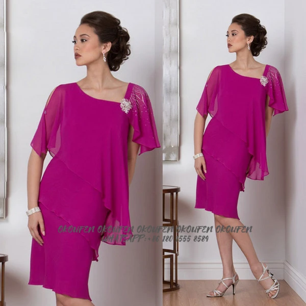

Mother Of The Bride Dresses Capelet For Wedding Party Fuchsia Chiffon Short Knee Wedding Guest Party Gown vestido de fiesta boda