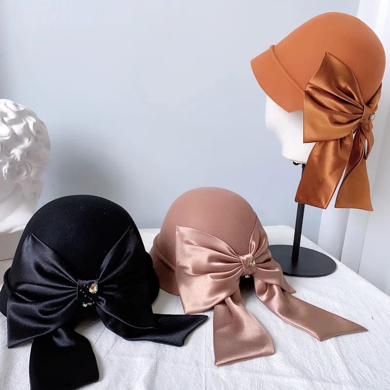 

202110-2509167-2508448 autumn winter wool bowknot long ribbon leisure lady bucket cap women fishermen hat
