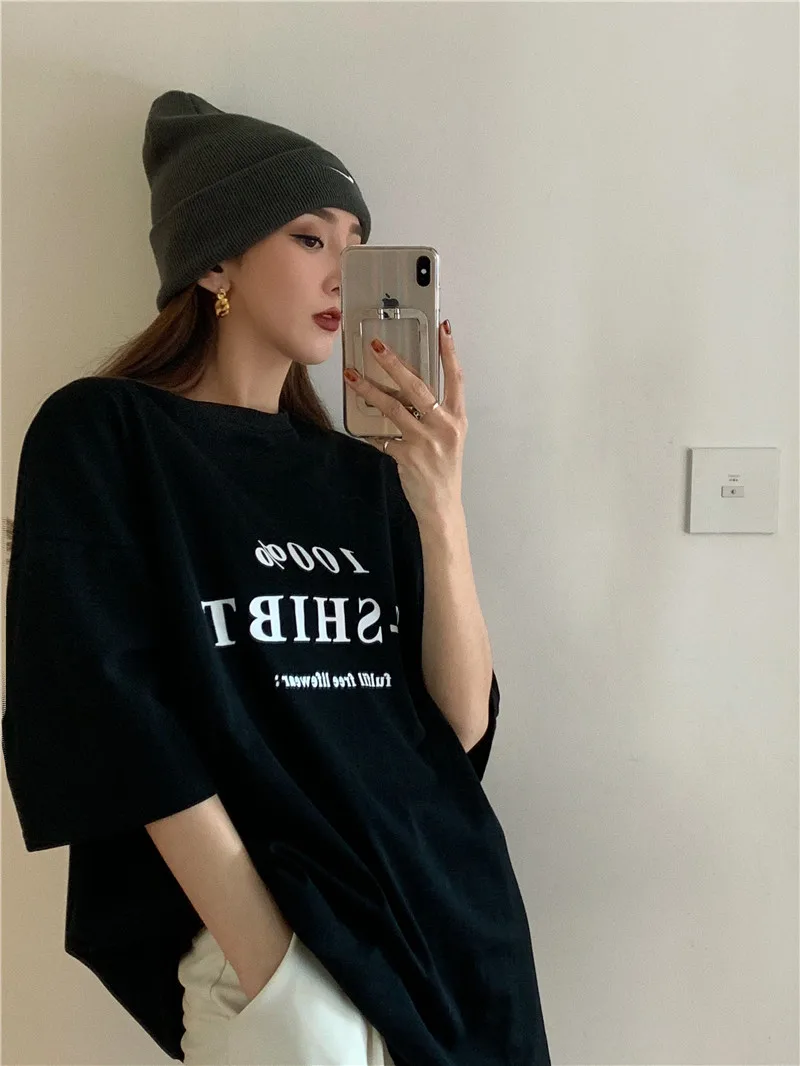 

Retro Easy Matching Loose Letter Print Mid-Length T-shirt