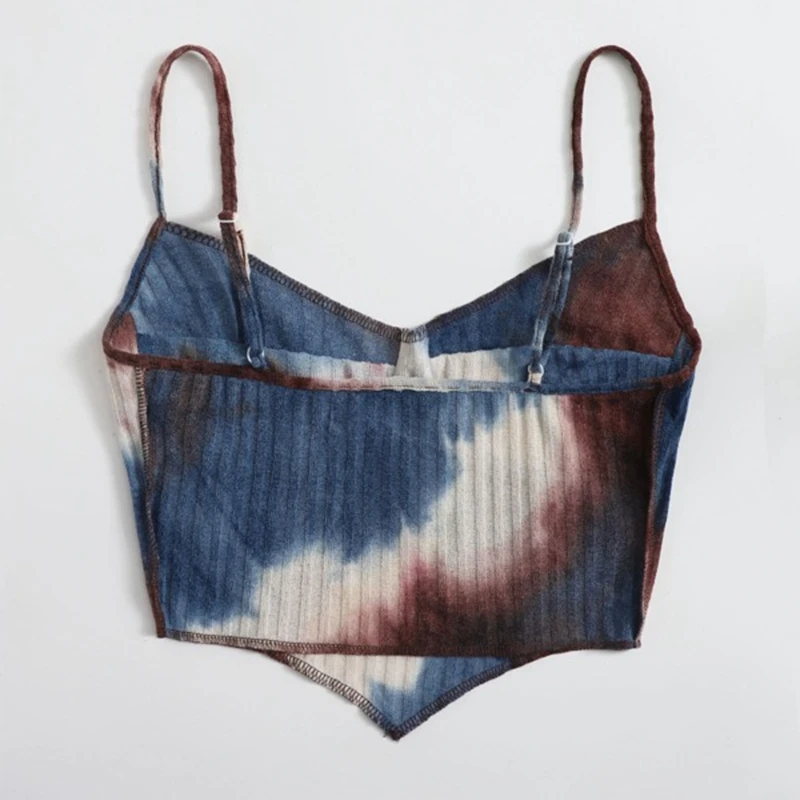 

Women Tie Dye Print Camisoles Sleeveless Spaghetti Strap V Neck Rib Knit Stitch Crop Tops Women Summer Harajuku Mini Vest