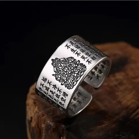 

S925 Pure Silver Heart Sutra Twelve Zodiac Birth Buddha Open Ring Eight Patron Saints Men and Women Couple Silver Ring Rings