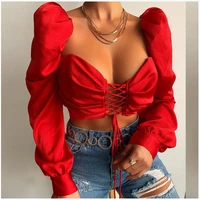 solid red crop tops for women clothing drawstring ruched long sleeves autumn tank off shoulder backless tie cami 2022