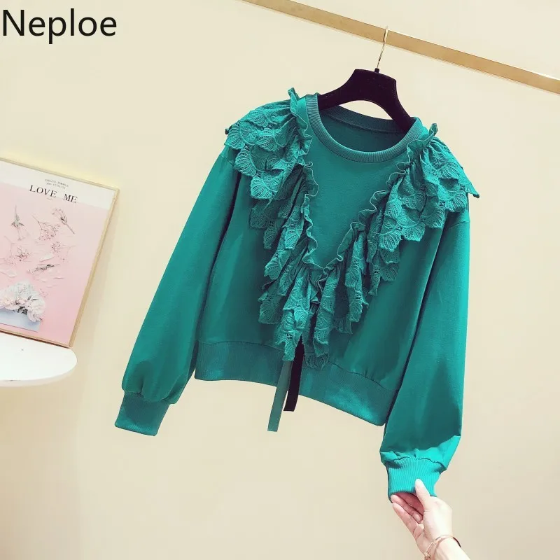 Neploe короткие толстовки с круглым вырезом и длинным рукавом Элегантная кружевная