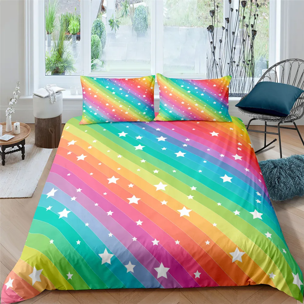 

Rainbow Bedding Set Printing Colorful Comforter Cover Luxury Lightweight Bedclothes Decor With Pillowcases For Kids Girls Teens