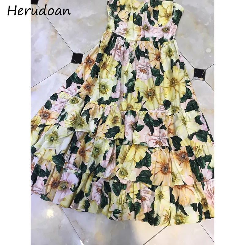 

Herudoan New 2021 Summer Runway Cotton Dress Women Spaghetti Strap Vintage Floral Print Cascading Ruffle Elegant Midi Dress