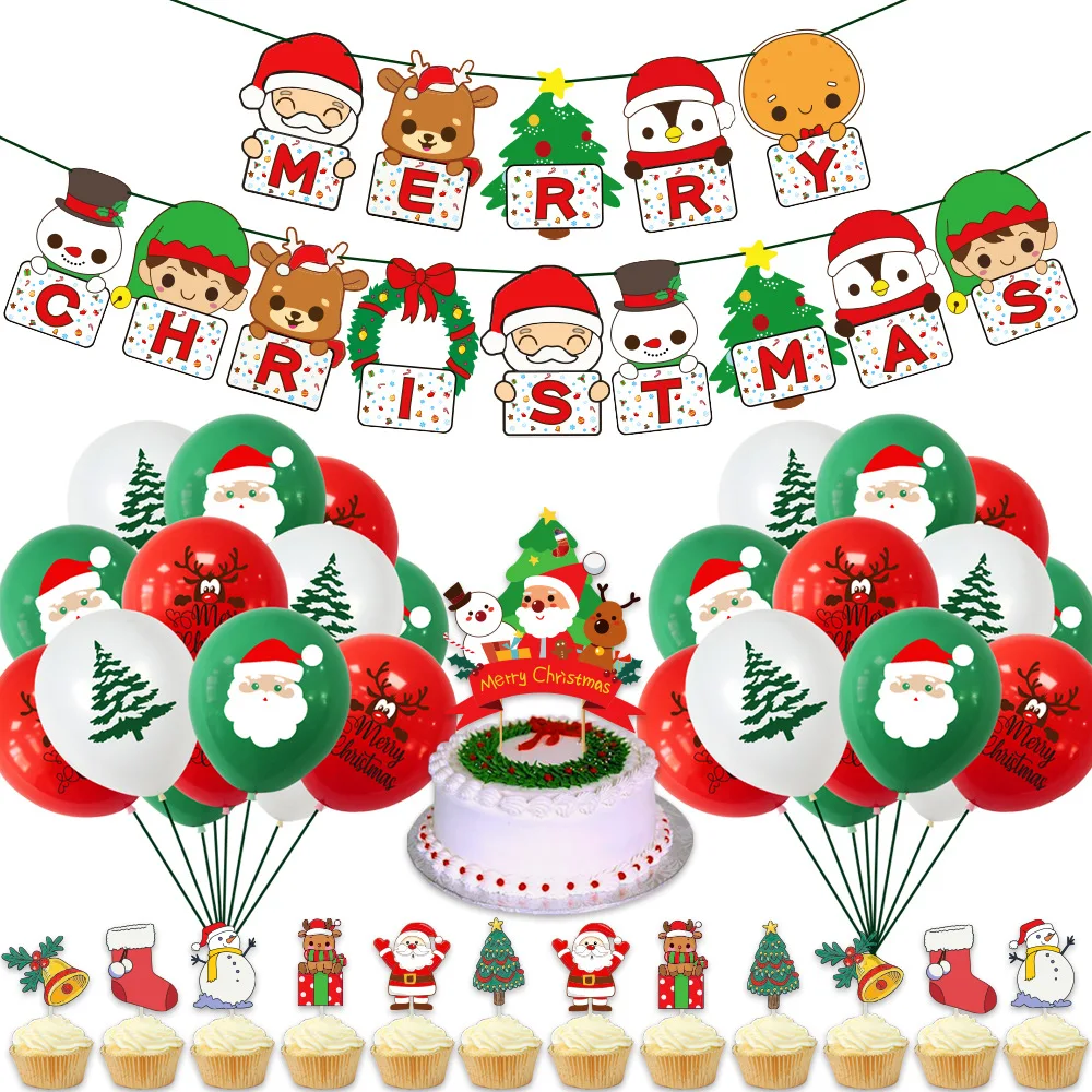 

Merry Christmas Party Decoration Red Green Latex Balloon Set with santa claus Banner Cake Topper DIY for Xmas Party Supplies