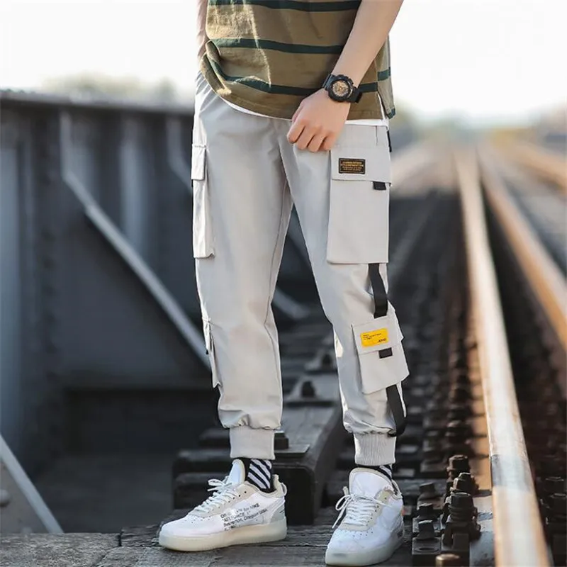 2021 Весна Брюки карго Для мужчин Drawstring хлопка много карманов ночной клуб бар брюки