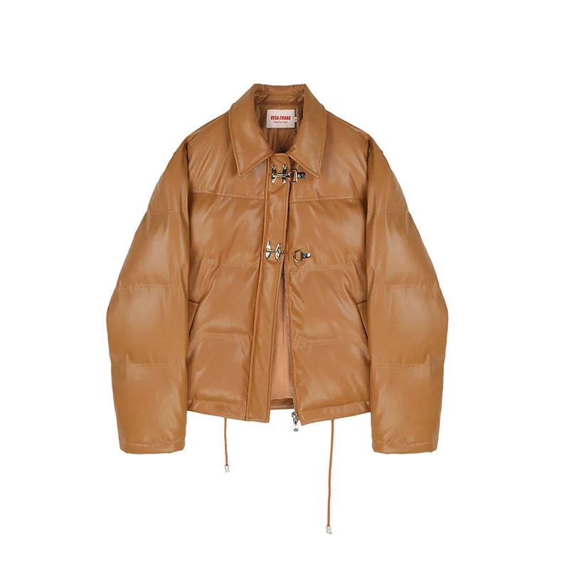 Fashion  PU Leather Coats Ladies Lapel  Elegant Zipper Cotton Jackets Winter Thick Warm Short Parkas Women Oversize Outwear