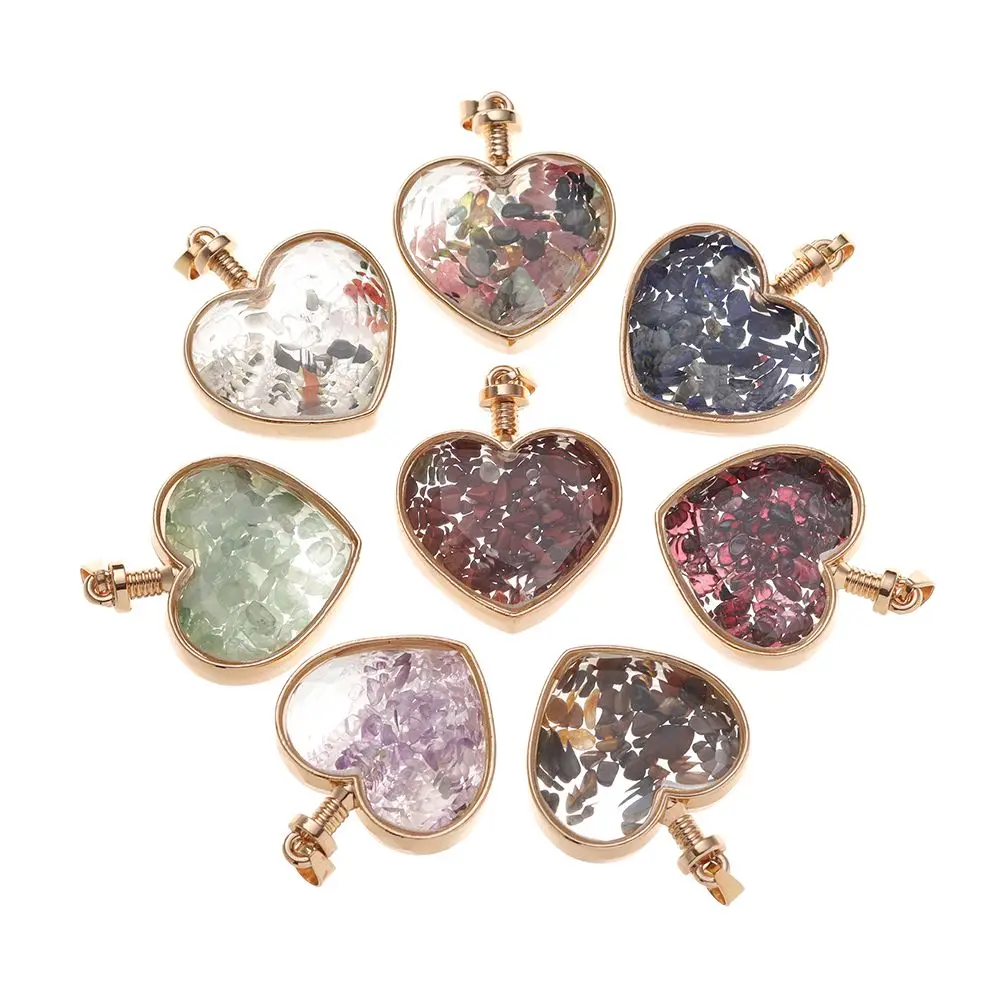 

Jewellery Crafting Reiki Healing Natural Crystal Inlaid Charms Crush Mineral Stone Hearts Shape Wishing Bottle Pendant